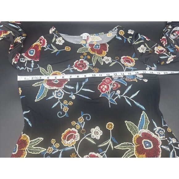 Olivia Matthews Black Colorful Floral Tunic Dress 3/4 Bell Sleeve Sz L Stretch - Picture 7 of 7